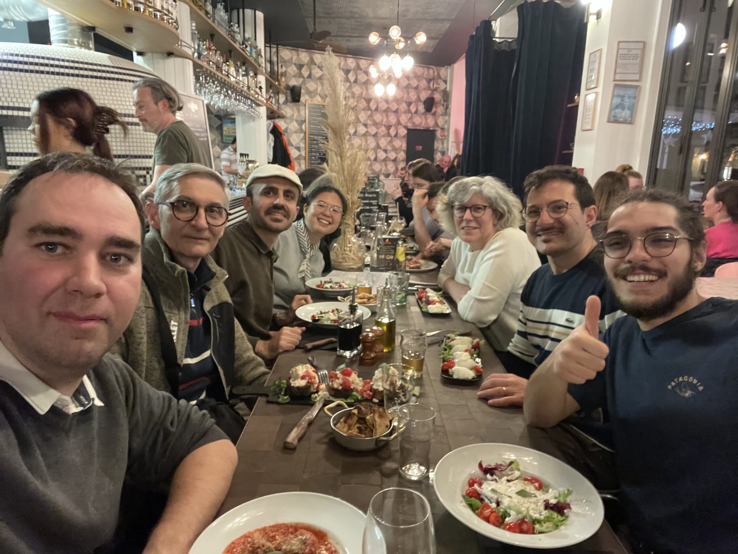 LEFT. Farewell party of Hoshang. From left: Laurent, Gilles, Hoshang, Chenyue, Nathalie, Me and Mathieu. RIGHT Chilling out with twisting dudes in Barcellons (2025). From left: Ignasi, rafa, Me, David and Hoshang.